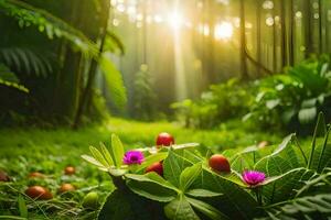 photo wallpaper forest, flowers, sun, green, flowers, plants, trees, plants, plants. AI-Generated