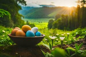 Pascua de Resurrección huevos en un bol. generado por ai foto