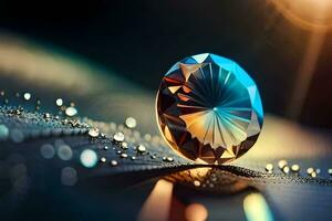 a diamond is shown on a table with water droplets. AI-Generated photo