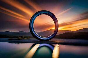 a tire on the ground with a sunset in the background. AI-Generated photo