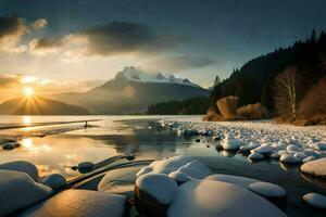 un hermosa puesta de sol terminado un congelado lago. generado por ai foto