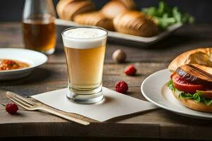 a sandwich and beer on a table. AI-Generated photo