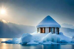 a small house on an iceberg in the middle of the ocean. AI-Generated photo