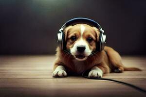 un perro vistiendo auriculares en un de madera piso. generado por ai foto
