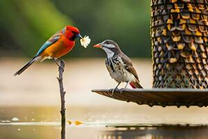 dos aves en pie en un pájaro alimentador. generado por ai foto