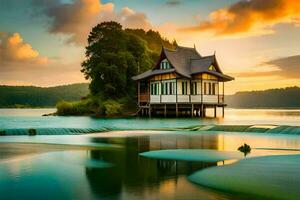 a house sits on the edge of a lake at sunset. AI-Generated photo