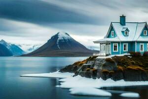a blue house on an island in the middle of the ocean. AI-Generated photo