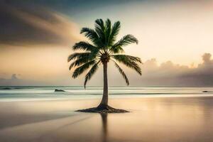 un solitario palma árbol soportes en el playa a puesta de sol. generado por ai foto