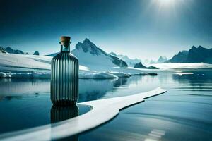 a bottle of gin is sitting on the water in front of mountains. AI-Generated photo
