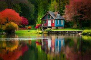 colorful house on the lake with colorful trees. AI-Generated photo