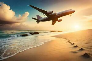 an airplane is flying over the beach at sunset. AI-Generated photo