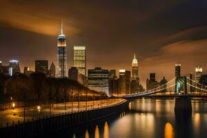 el Manhattan horizonte a noche con el brooklyn puente en el primer plano. generado por ai foto
