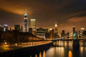 the manhattan skyline at night with the brooklyn bridge in the foreground. AI-Generated photo