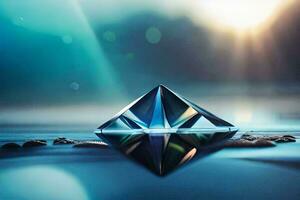 a crystal pyramid on the water with a sun shining. AI-Generated photo