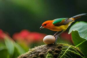 a colorful bird sits on top of an egg. AI-Generated photo