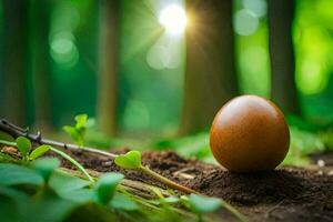 an egg is sitting in the middle of a forest. AI-Generated photo