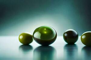 a group of green olives on a table. AI-Generated photo