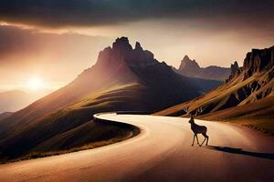 a deer stands on the road in front of mountains. AI-Generated photo