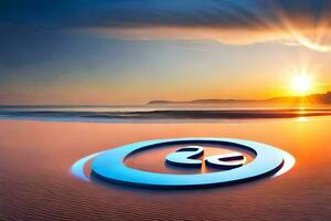 the sun is setting over a beach with a blue circle. AI-Generated photo