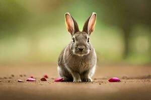 a rabbit sitting on the ground with pink petals. AI-Generated photo