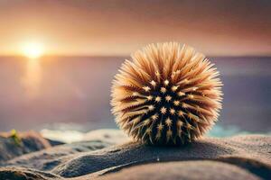 a spiky ball sits on the sand at sunset. AI-Generated photo