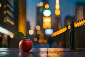 an apple sits on the ground in front of a city. AI-Generated photo