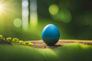 el azul Pascua de Resurrección huevo es en el medio de el verde césped. generado por ai foto