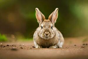 a rabbit sitting on the ground in the dirt. AI-Generated photo