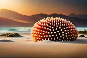 un pelota de palos en el playa con un puesta de sol en el antecedentes. generado por ai foto