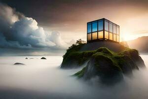 a house on top of a mountain with clouds and fog. AI-Generated photo