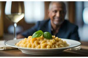 a man sitting at a table with a plate of pasta. AI-Generated photo