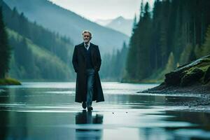 a man in a coat and tie standing in a river. AI-Generated photo