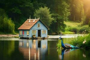 a blue house sits on the water next to a pond. AI-Generated photo