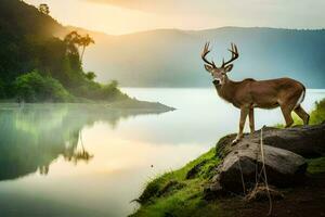 a deer stands on the edge of a lake at sunset. AI-Generated photo