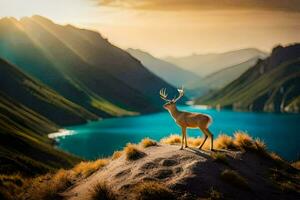 the deer is standing on the edge of a cliff overlooking a lake. AI-Generated photo