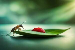 a bee sits on a leaf with a strawberry. AI-Generated photo