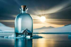 casa en un botella, invierno, lago, agua, casa, hd fondo de pantalla. generado por ai foto