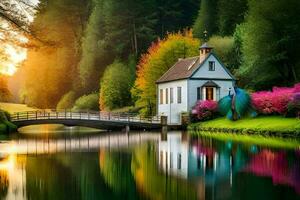 a small house sits on a small bridge over a river. AI-Generated photo