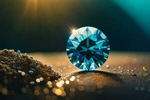 a blue diamond sitting on top of sand. AI-Generated photo