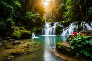 beautiful waterfall in tropical forest with sun shining in the background. AI-Generated photo