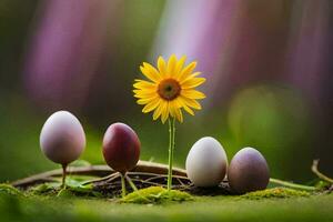 easter eggs and a yellow flower. AI-Generated photo