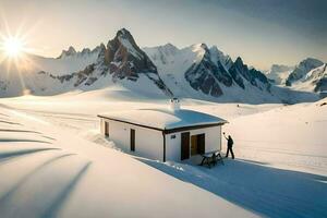 a man standing outside a small cabin in the snow. AI-Generated photo