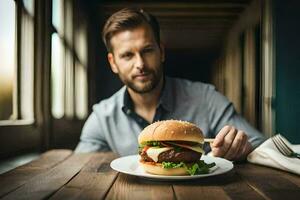un hombre sentado a un mesa con un hamburguesa. generado por ai foto