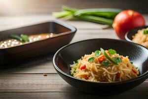 two bowls of rice and vegetables on a wooden table. AI-Generated photo