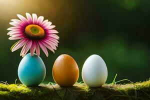Tres vistoso huevos con un flor en el medio. generado por ai foto