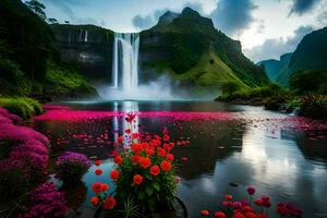 the waterfall is surrounded by pink flowers and a lake. AI-Generated photo