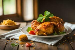 chicken wings on a plate with sauce and vegetables. AI-Generated photo