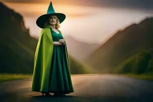 a woman in a green dress and hat standing on a road. AI-Generated photo