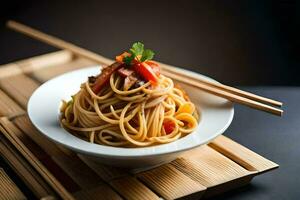 a plate of noodles with chopsticks on a bamboo mat. AI-Generated photo