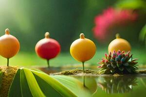 four different colored fruits are sitting on top of a pond. AI-Generated photo